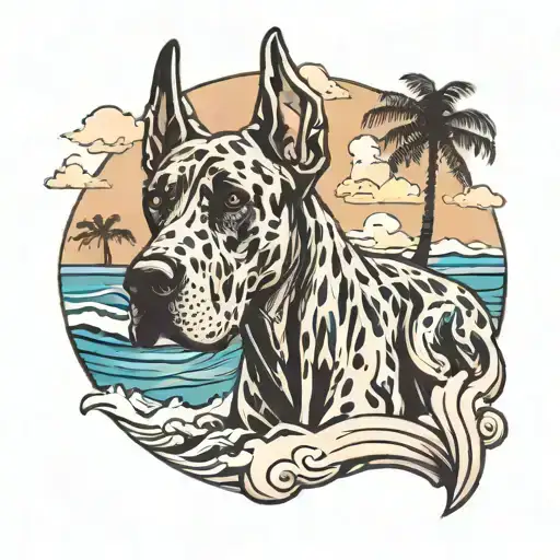 Great Dane With Tall Ears On A Beach With Waves And Palm Trees