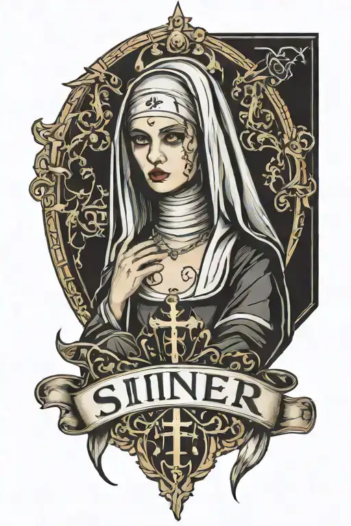 Nun Gothic Sexy Dark With The Word Sinner In Gothic Writing Above It All
