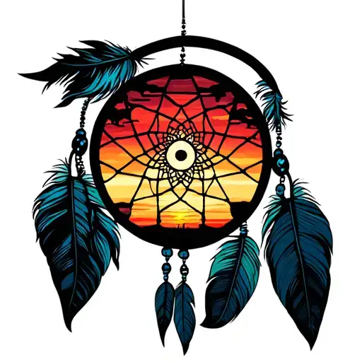 Dream Catcher With Sunset Thigh Tattoo Design