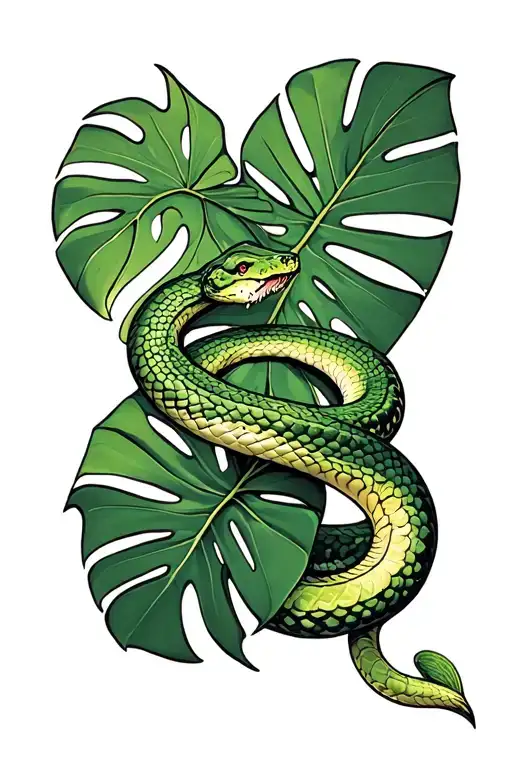 Variegated Monstera Leaf And Snake Intertwined Within