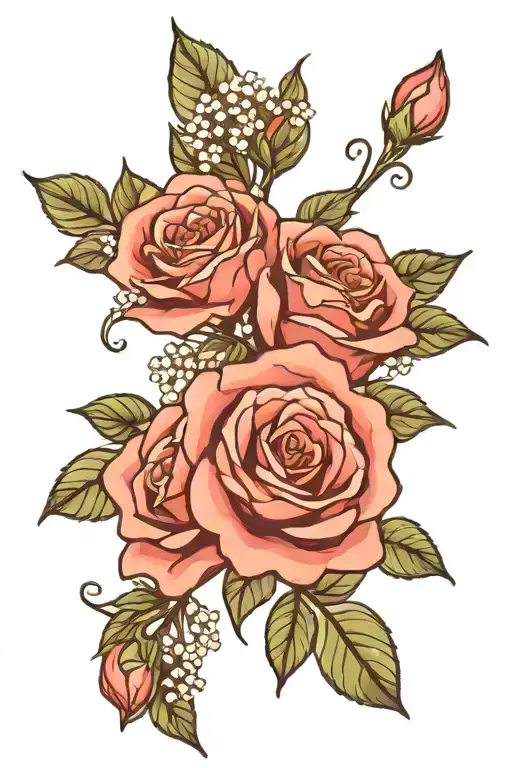 Rose And Babys Breath Flowers Intertwined Within Its Petals