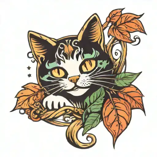 Cat Moon Leaf Intertwined Colorful