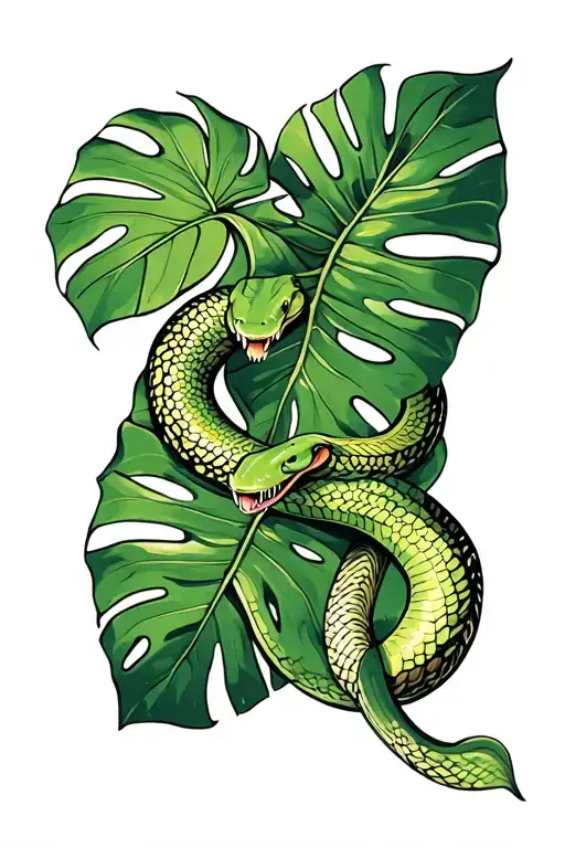 Monstera Leaf And Snake Intertwined