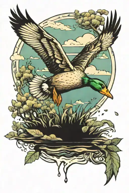 Duck Flying With Nature Scene