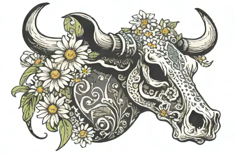 Cow Skull With Daisies And Paisley Pattern Intertwined