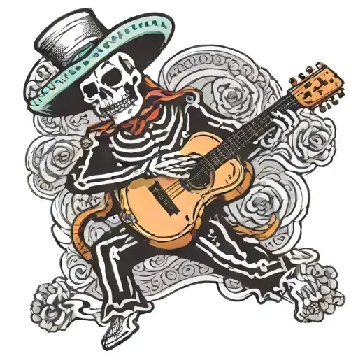 American Traditional Inspired Skeleton Mariachi Charro Playing Guitar Black And White