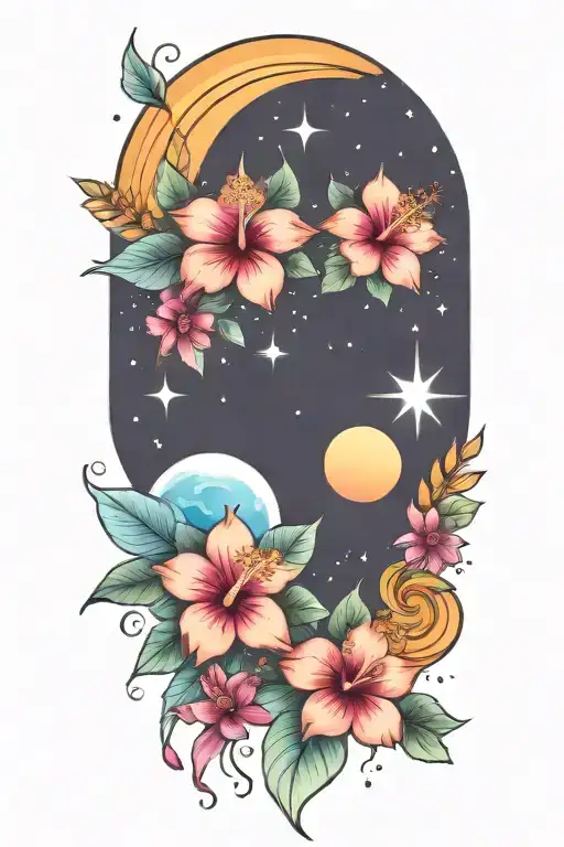 Hibiscus And Planets Stars And Nebulas