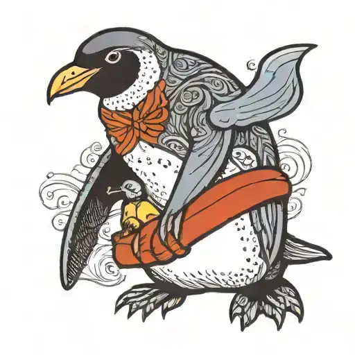 Big Penguin Holding Little Penguin Hand Reaching