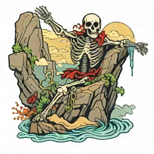 Skeleton Dancing Off Cliff Overlooking The Ocean