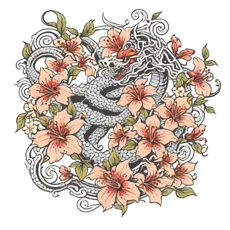 Greek Dragon Cherry Blossom Branch Red Spider Lily