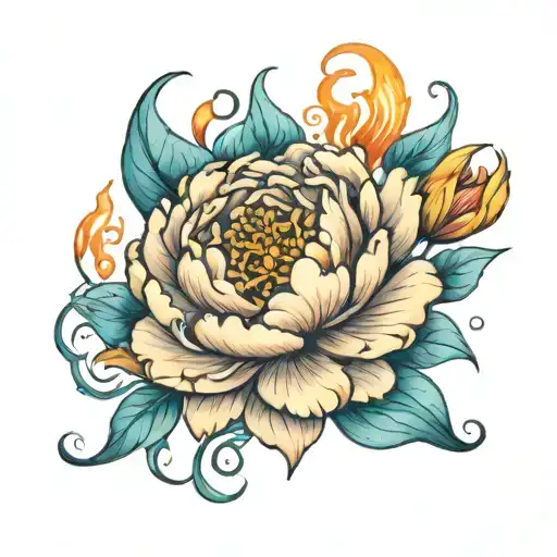 Peony Flower With Topaz Gemstone And Fire Swirling