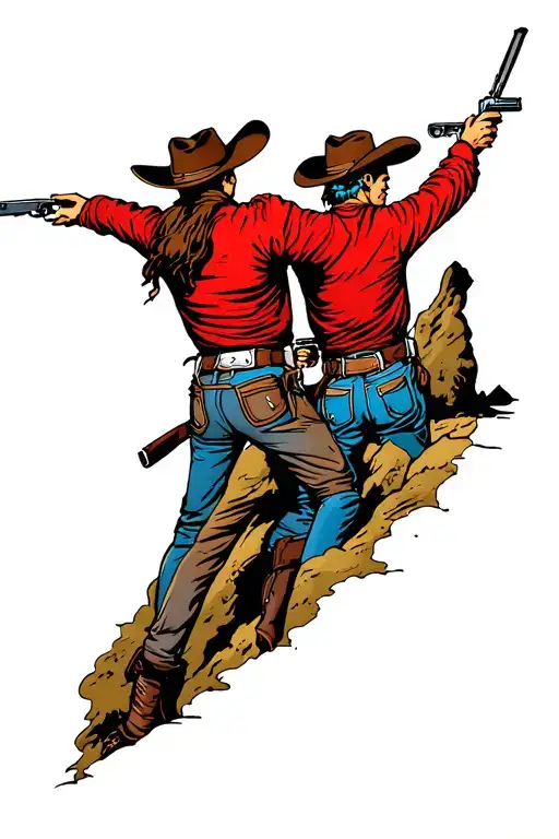 Two Cowboys Shooting At Each Other At Different Elevations