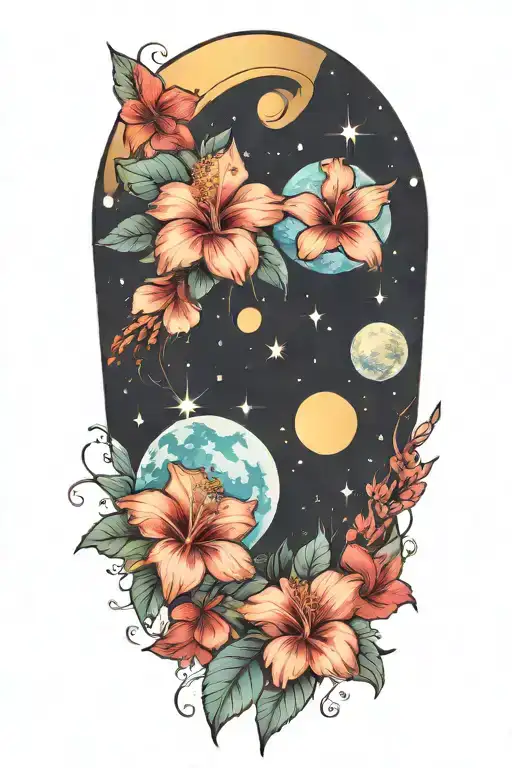 Hibiscus And Planets Stars And Nebulas