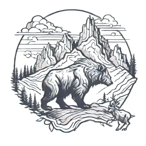 Large Mountain Range With Small Bear And Mountain Goat Along The Ridges And A Small Hiker Going Up