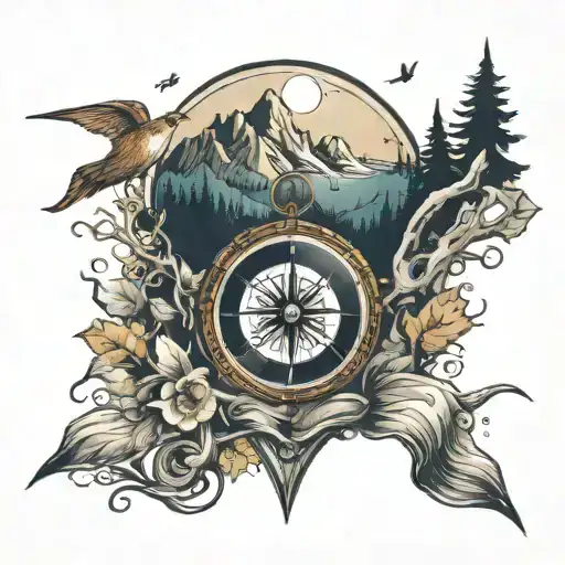 Compass Tress Mountains River Flowing