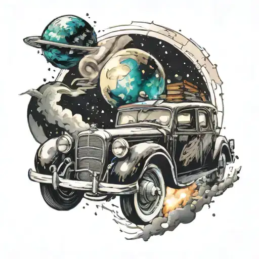 An Artistic Interpretation Of A Vintage Car Driving Through A Galaxy Filled With Books