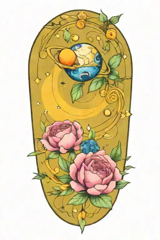 A Floral Wreath Encircling A Stylized Solar System
