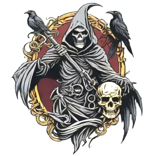 Grim Reaper With All Seeing Eye And Ravens Flying Overhead