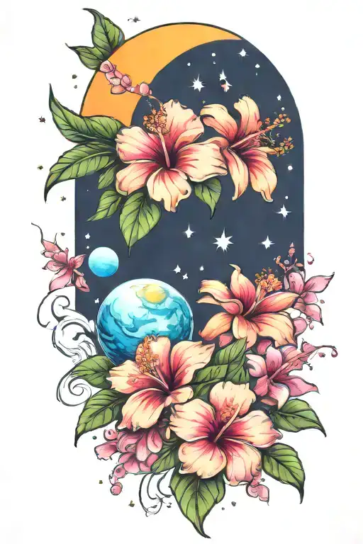 Hibiscus And Plumerias And Planets Stars And Nebulas