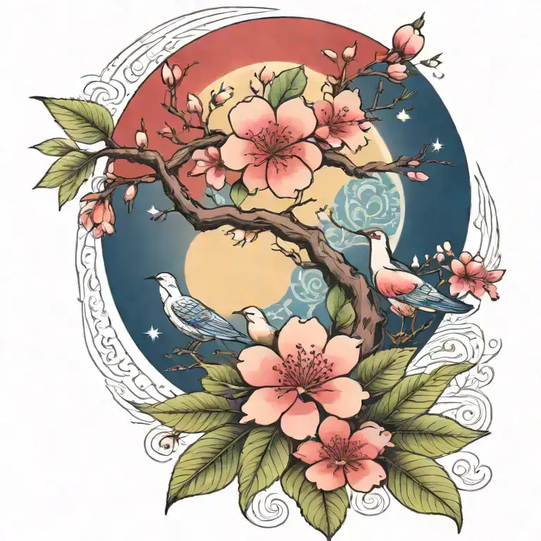 Cherry Blossom Branch And Tree Of Life Sun And Moon Flowers Red Ancient Egypt
