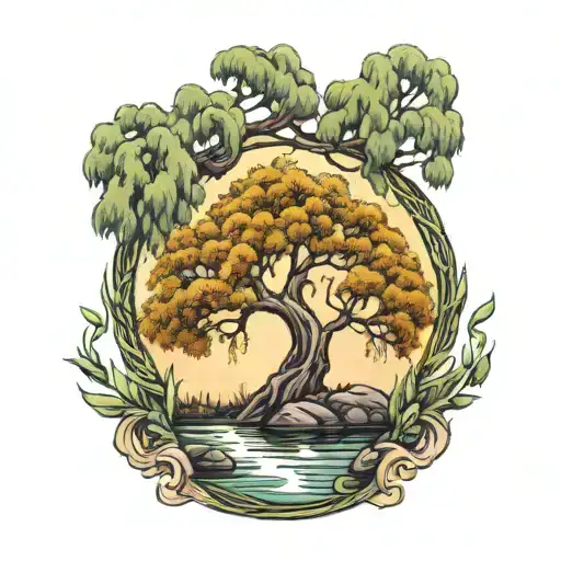 Willow Tree With Sage Brushes At Pond