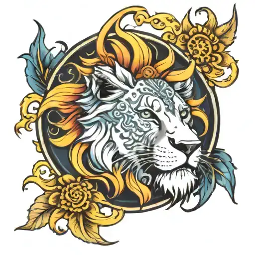 Lion Sun Ocean Tattoo Design