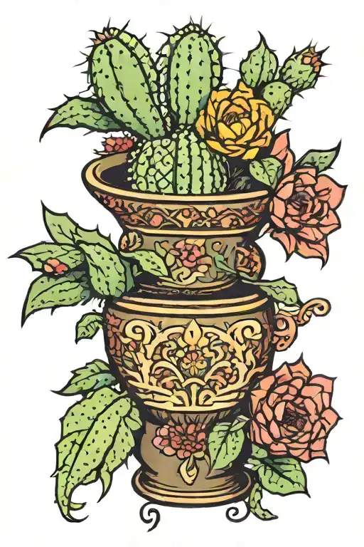 Cactus In A Decorated Vase No Flowers Growing