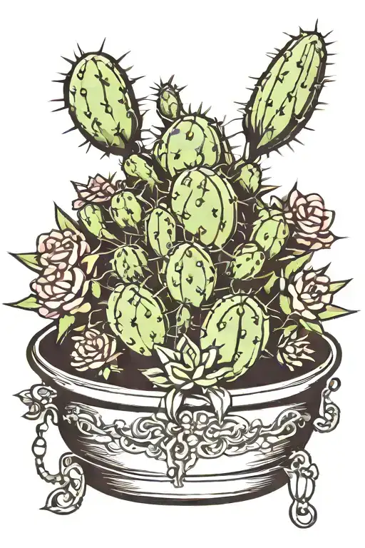 Single Cactus In A Single Decorated Pot No Flowers Growing