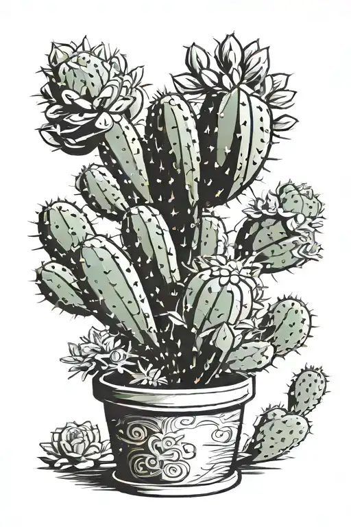 Tall Classic Three Part Cactus In A Single Decorated Pot No Flowers Growing