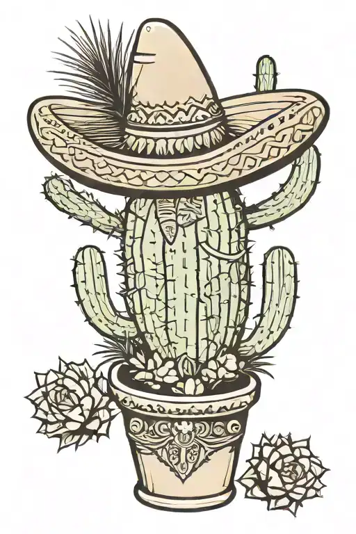 Tall Classic Three Part Cactus In A Single Decorated Pot Wearing A Sombrero
