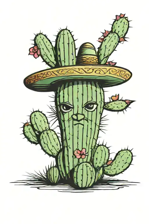 Tall Classic Three Part Cactus In A Single Decorated Pot With A Sombrero