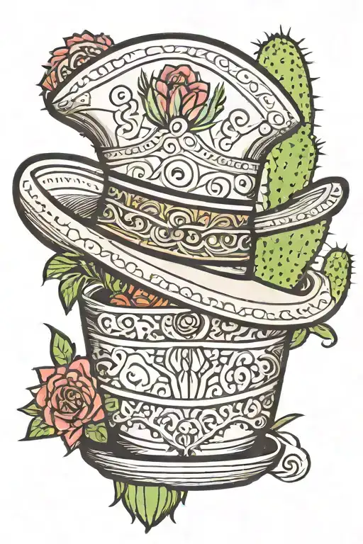 Sombrero Left On Top Of A Cactus In A Decorated Pot