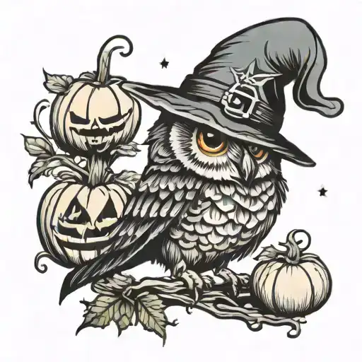 Owl With Witch Hat And Pumpkins