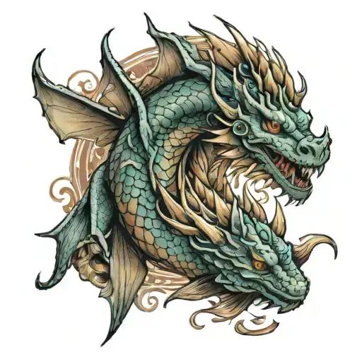 Realistic Dragon Next To A Coi Fish Swimming