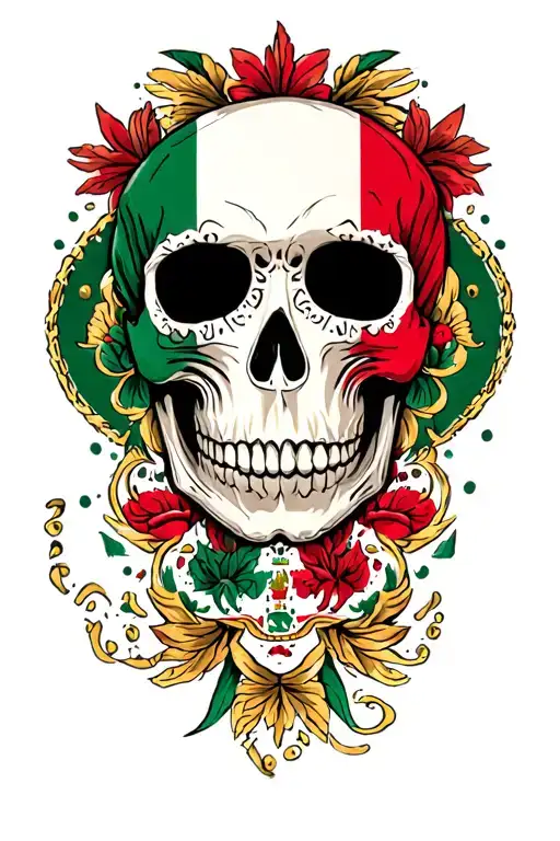 Mexican Skull Wearing Mexican Flag Colors