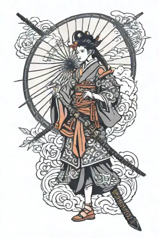 Samurai Female Warrior Holding A Sword And Compass And Samurai Umbrella On The Back