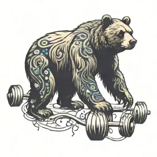 A Bear Lifting Weights In A Forest With Music Notes Floating Around