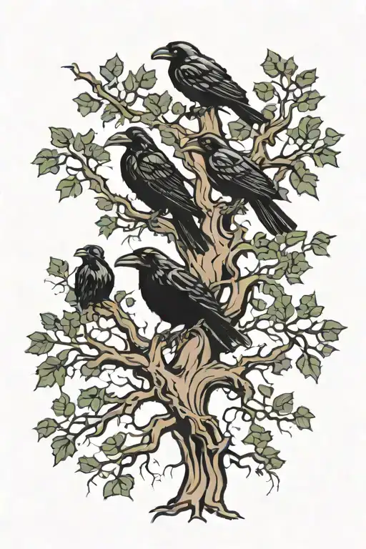 Ravens Sitting In Creepy Oak Tree With Roots