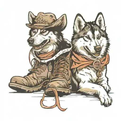 Two Huskies One With Cowboy Hat Other Coming Out Of Boot