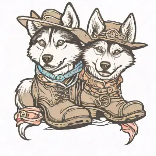 Two Huskies One Wearing A Cowboy Hat And The Other Husky Coming Out Of Cowboy Boot