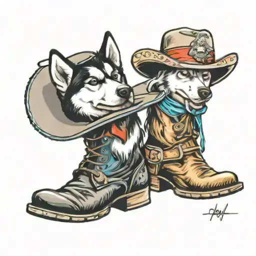 One Husky Wearing A Cowboy Hat And Another Husky Leaning On A Western Cowboy Boot