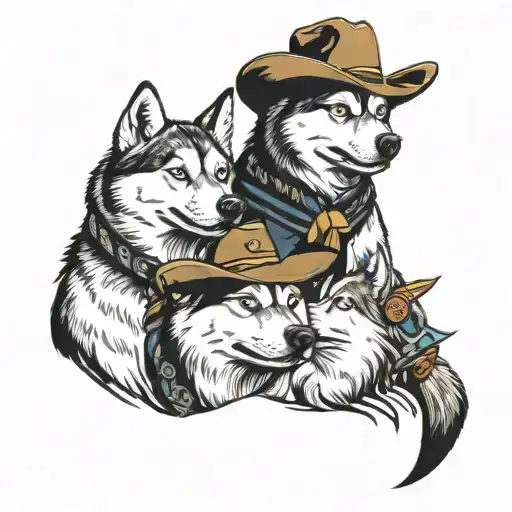 Two Huskies One Wearing A Cowboy Hat In A Western Setting