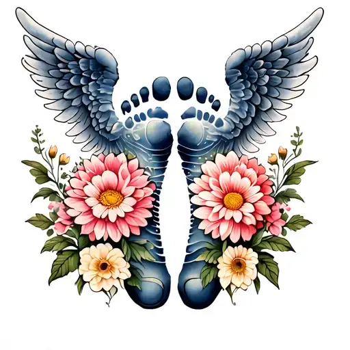 One Babies Footprint Angel Wings And Row Of Chrysanthemums