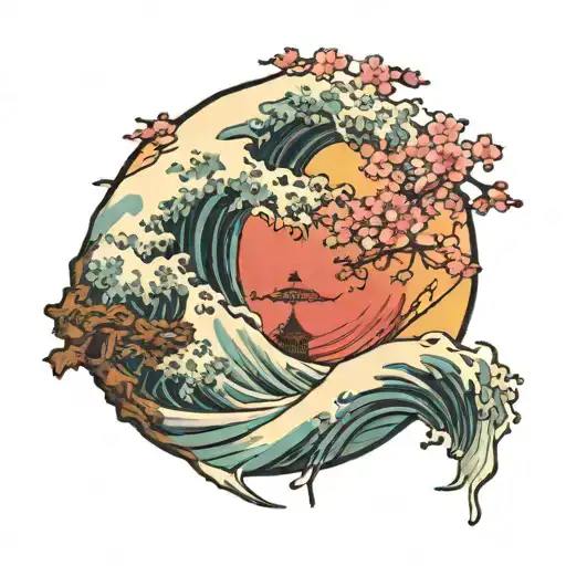 The Great Wave With Cherry Blossom Tree And A Katana