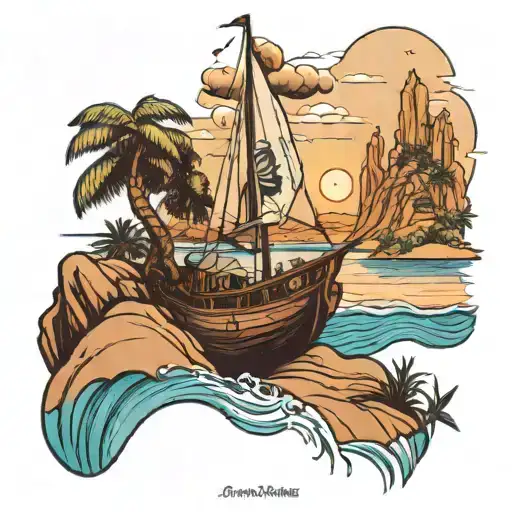 A Tattoo Of Aman On A Boat Sailing In A River With A Tree On A Desert Island And A Waterfall In
