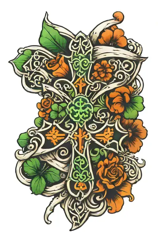 Keltic Cross Tattoo Featuring Irish Flag And Clover