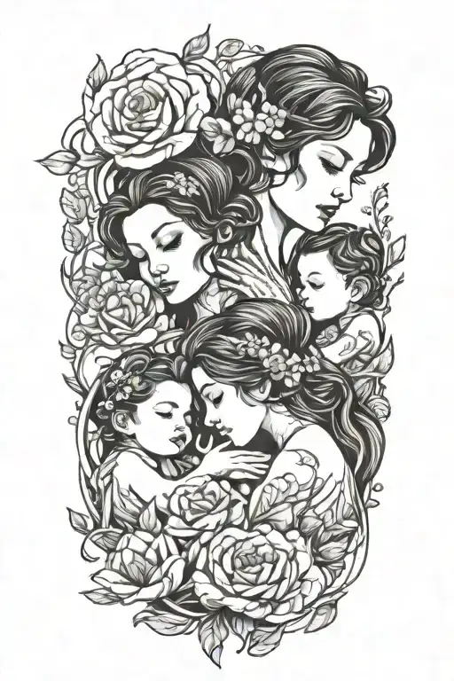 Mother And 2 Children Embracing Flowers Fine Line