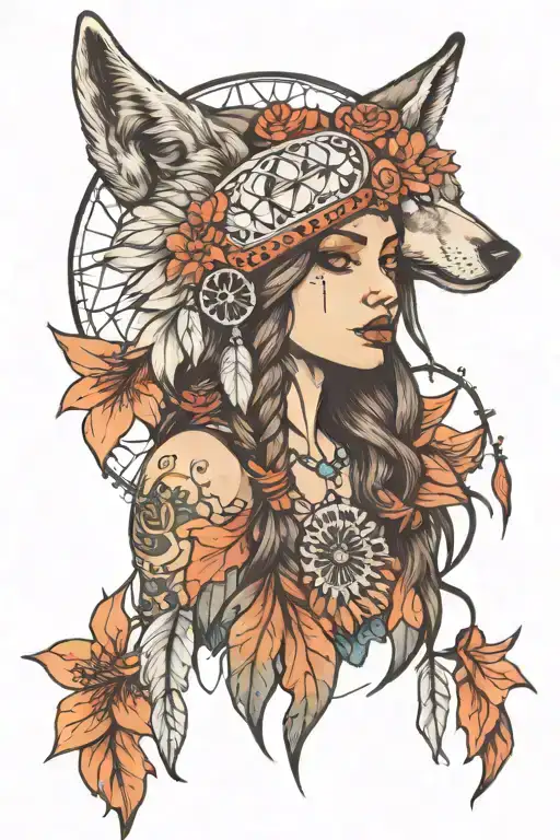 Woman With Wolf Head Dress And Dreamcatcher Stargazer Lillies