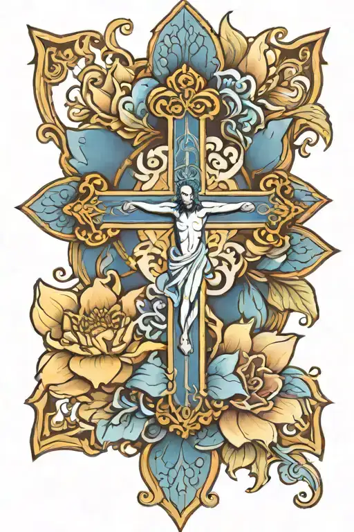 Jesus Cross With Blue Lotus Flower In The Center Symbolizing