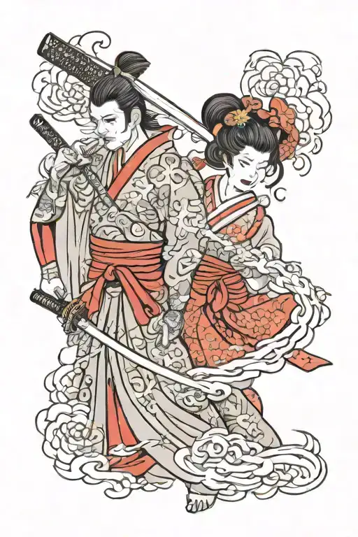 Samuari And Geisha Holding A Katana
